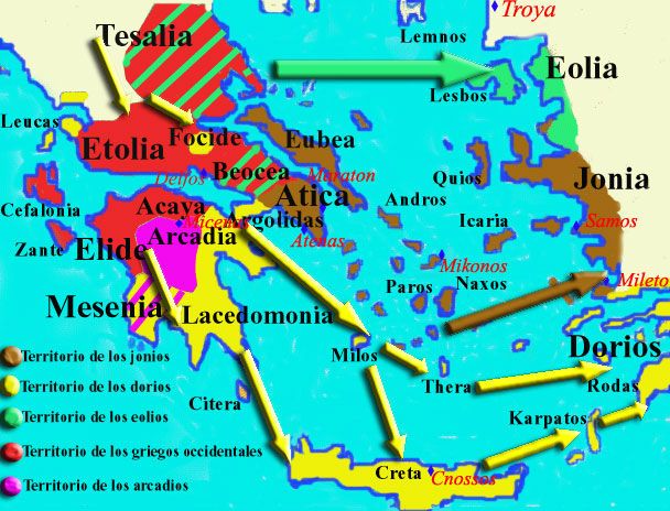 Las migraciones de los dorios, as como la invasin de los pueblos del mar contra Egipto, Siria, Palestina y Asia Menor, aparecen estrechamente vinculadas con los movimientos de las poblaciones en el Egeo iniciados en el 1250 A.C.